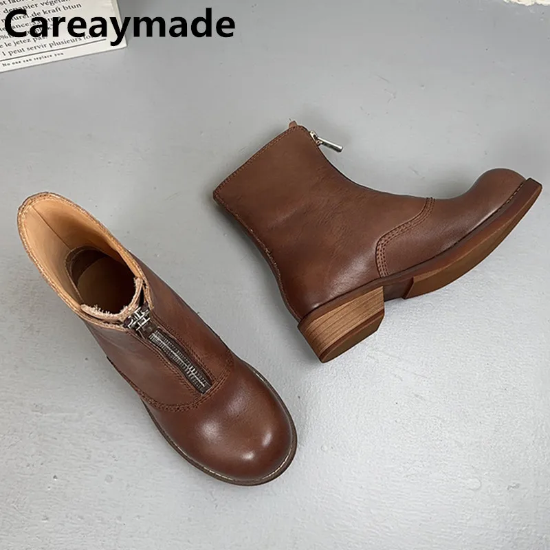 

Careaymade-Genuine leather large head wide version Casual short boots solid cowhide stitching front zipper mid barrel boots