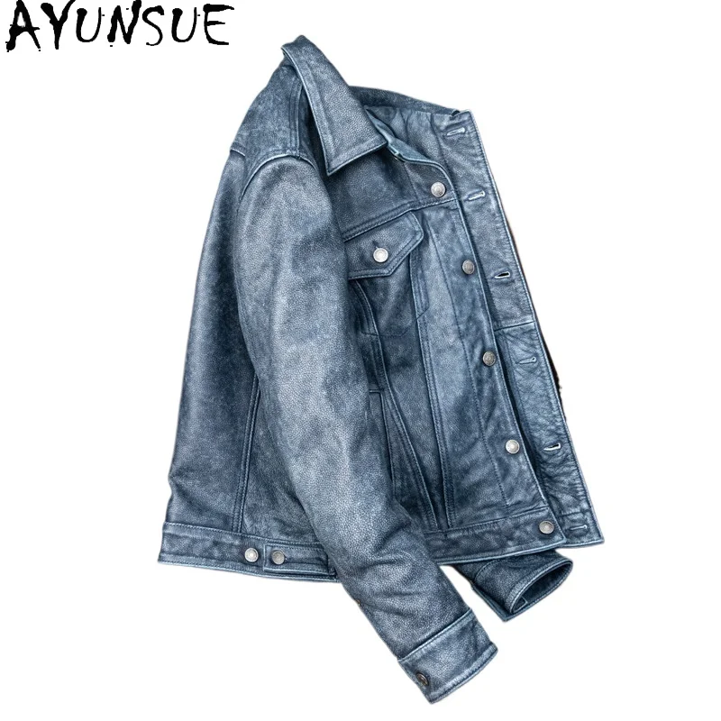 AYUNSUE 100% Genuine Leather Jacket Men Clothing Fashion 2026 Real Cowhide Leather Coat Distressed Short Leather Jackets casacos
