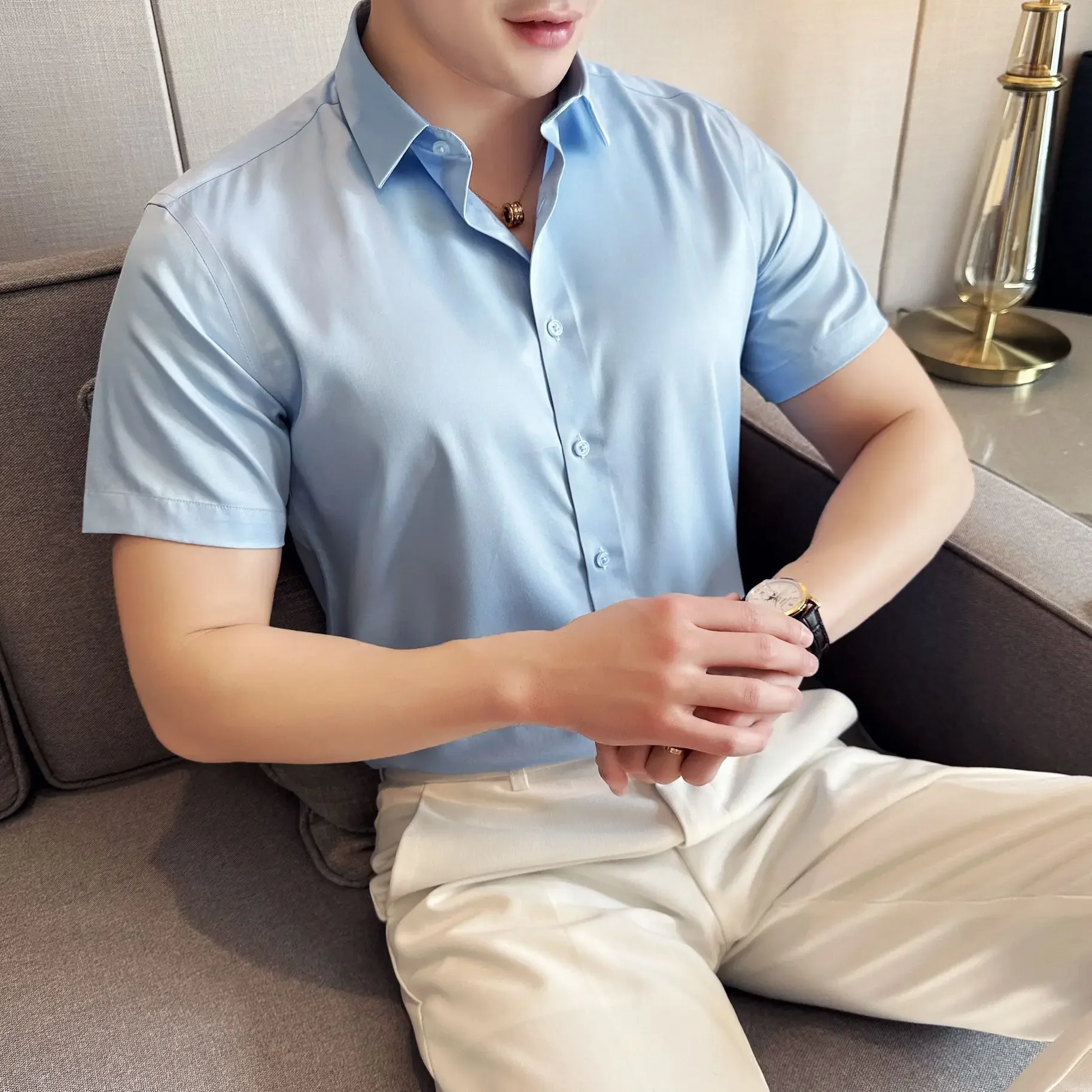 S~6XL increase luxury summer mercerized satin short sleeve shirt ice silk cool half sleeve solid color business casual men shirt