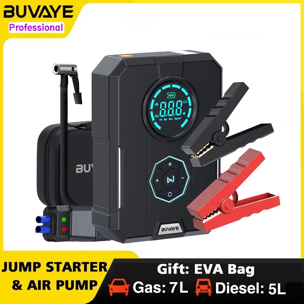 

BUVAYE Car Jump Starter Air Pump 6 in 1 Multi-Function Air Compressor Power Bank Car Battery Starter Starting Auto Tyre Inflator