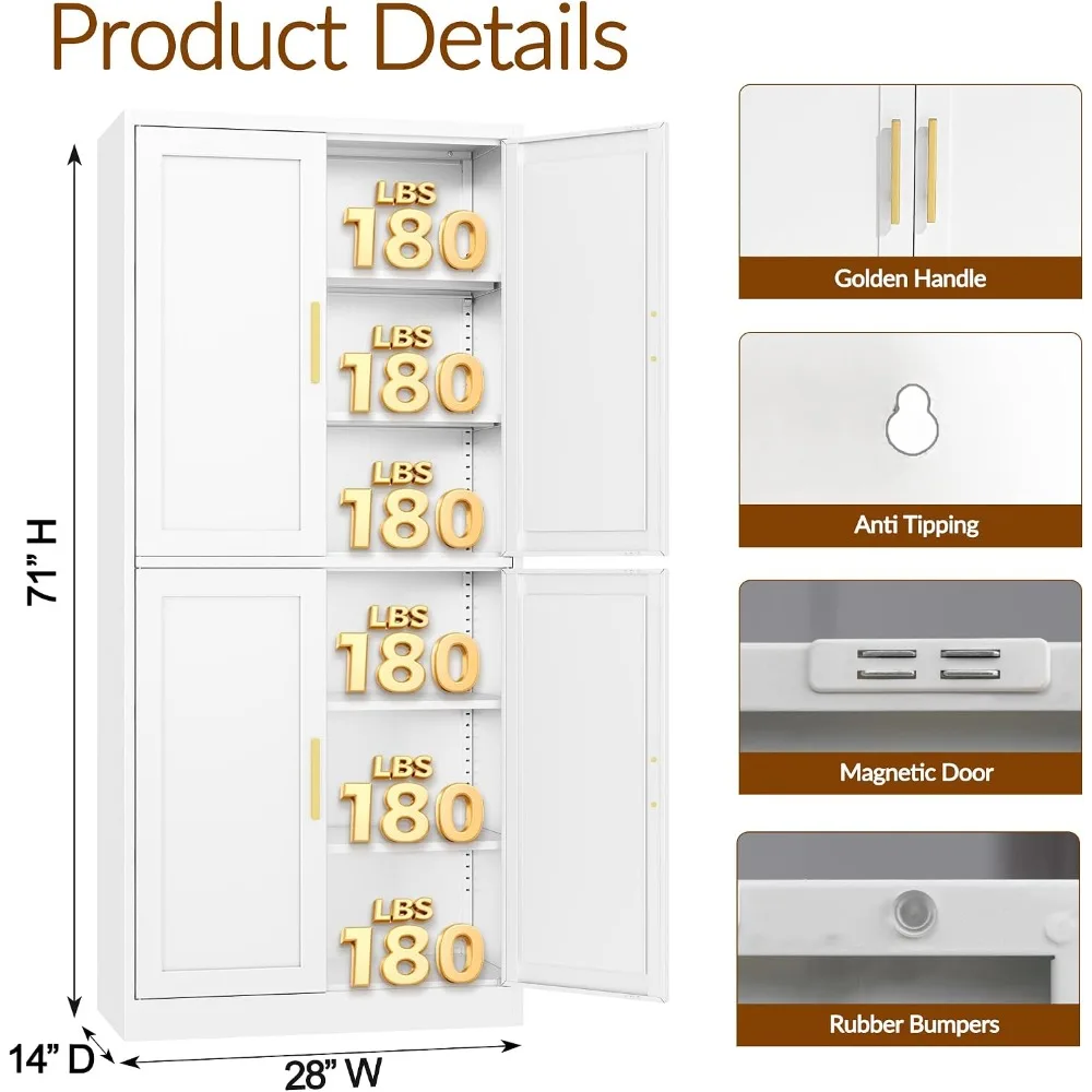 White Metal Pantry Cabinet 71 Inch Tall with 4 Doors and 4 Adjustable Shelves