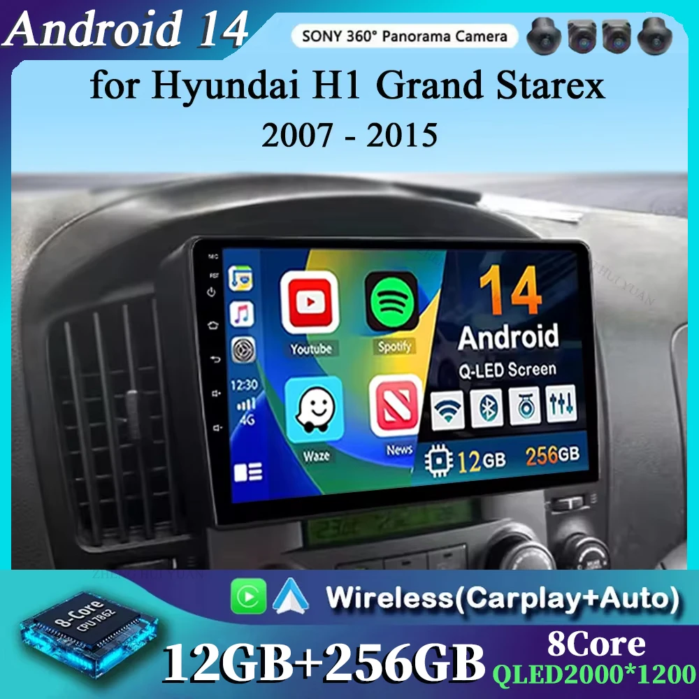 Android 14 CarPlayวิทยุรถยนต์อัตโนมัติสําหรับHyundai H1 Grand Starex 2007 2008 2009 2010 2011-2015 เครื่องเล่นวิดีโอมัลติมีเดียGPSสเตอริโอ