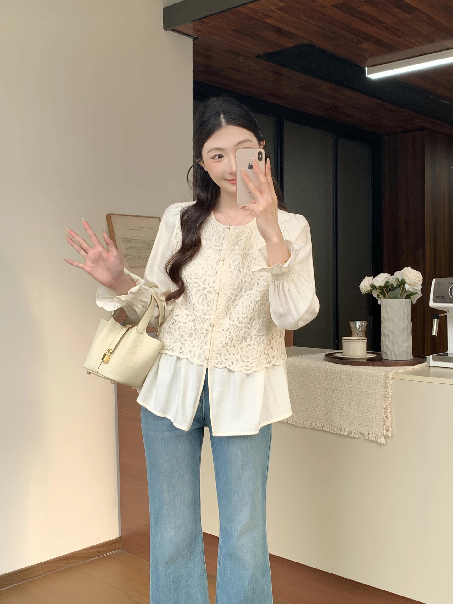 

Новый китайский топ-обманка с длинным рукавом и круглым вырезом, кружевной жилет для женщин, весна 2026, бренд Megua