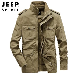 JEEP SPIRIT chaqueta hombres primavera otoño algodón casual suelto cuello alto multi-bolsa ropa bordada para mediana edad y jóvenes