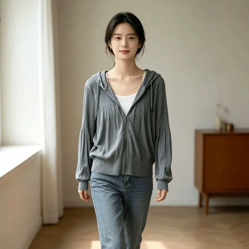Miyake Pleated Jacket Women 2026 Summer New Design Cardigan Zipper Hood Sun-Protective Loose Lantern Sleeve Short Sweatshirt