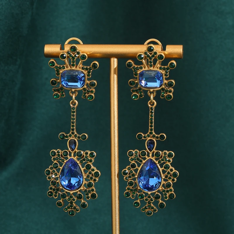 

Vintage Water Drop Blue Crystal Drop Korean Earrings for Women Palace Branches Antique Jewelry Gold Color Gifts for Women Useful