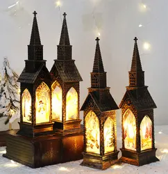 Retro Castle Christmas Lantern Candle Night Light Ornaments Led Santa Hanging Lamp For Home New Year Xmas Party Decor Lights