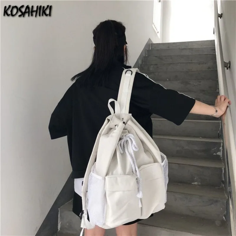 

Simple Solid Students Streetwear Schoolbags Vintage Drawstring Ins All Match Back Pack Women Y2k Preppy Backpacks High-capacity