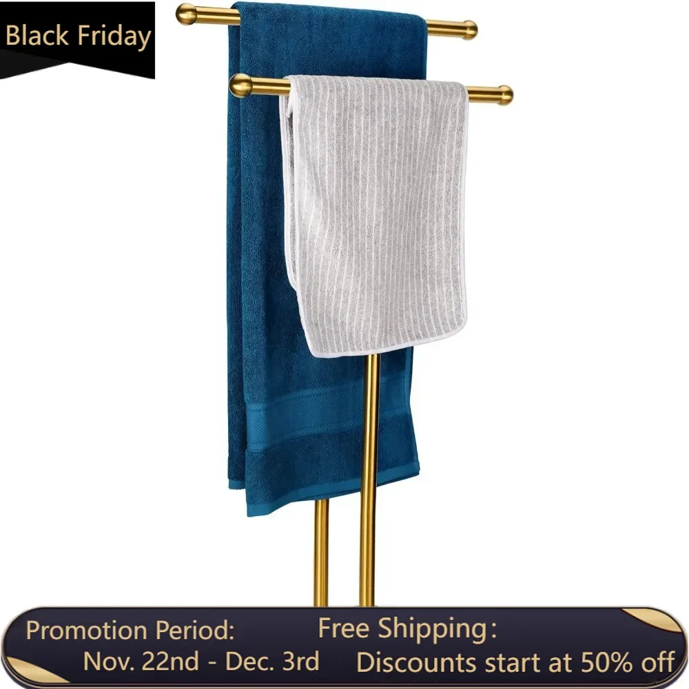 Vertical towel rack double T-shaped tall towel rack, marble design base, 2 layers, stainless steel (brushed gold)