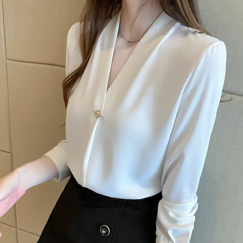 Female Clothing Commute V-Neck Solid Color Shirt Stylish Long Sleeve Spring Autumn Button Three-dimensional Decoration Blouse