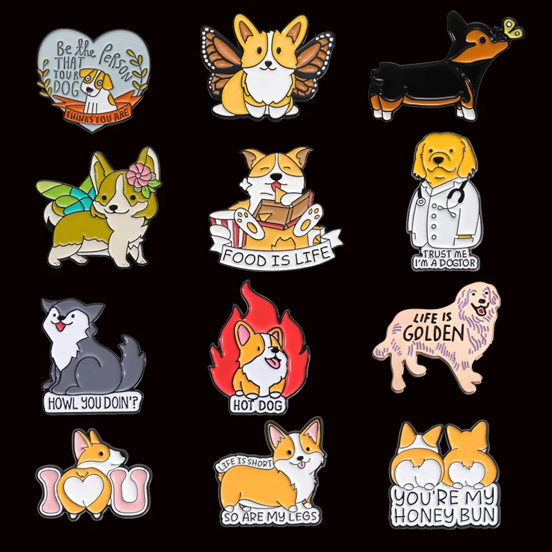 Animal Dog Shaped Enamel Pins Cute Love Butt Corgi Brooches Clothes Cartoon Decorative Lapel Badge Jewelry Gift for Kids Friends