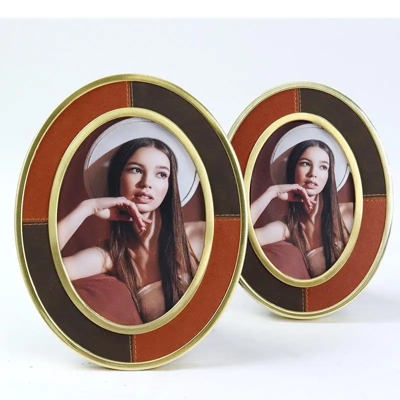 Patchwork Leather Oval Photo Frame Gold Frames for Pictures Desk Decoration Figures Portrait Framed Art Aesthetics Room Decor