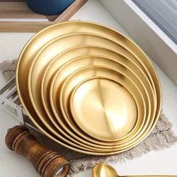 2Pcs/Set Thickened Stainless Steel Golden Round Fruit Plate Cake Plate Bone Tray BBQ Plate Flat Bottom Shallow Tray