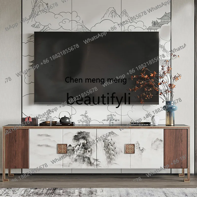 New Chinese marble TV cabinet light luxury painted floor cabinet living room solid wood floor cabinetH