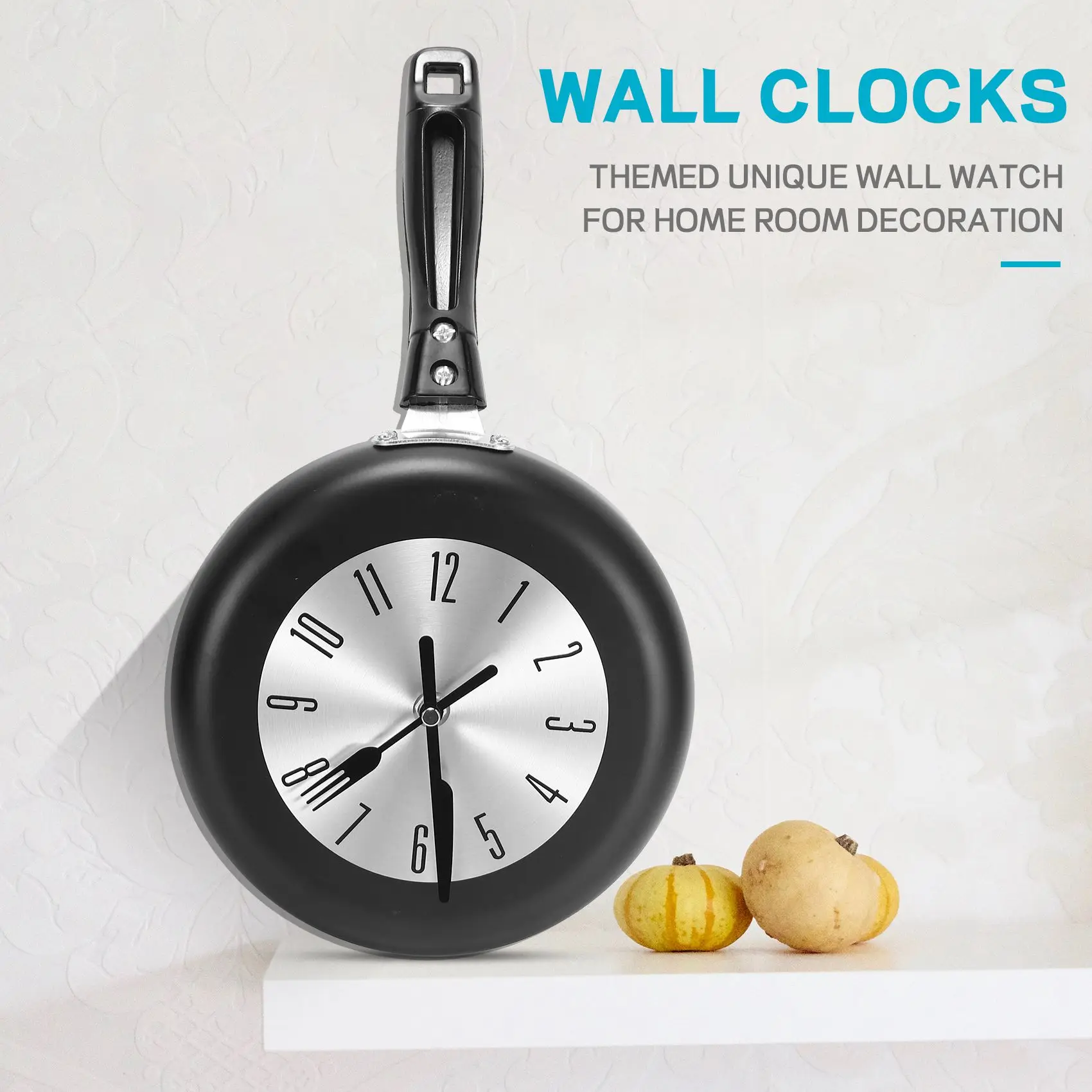 (A95Z] 8 Inch Frying Pan Design Hanging Wall Clock Kitchen Metal Clock ,Themed Wall Watch,for Home Room Decoration,Black