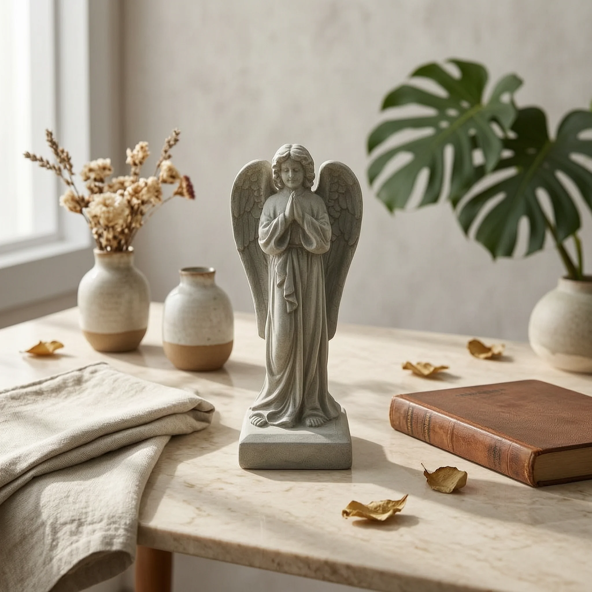 祈る天使の像、立っている天使の庭の像、時代を超越した装飾品、風化した装飾品、住宅所有者、中庭、パティオ用