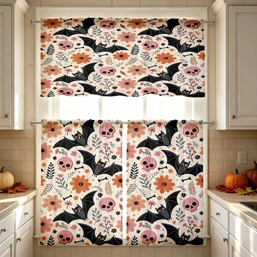 Halloween Fall Kitchen Curtains, Haunted House Skull, Digital Print, Kitchen Dining Room, Rod Pocket Polyester, Home Decor