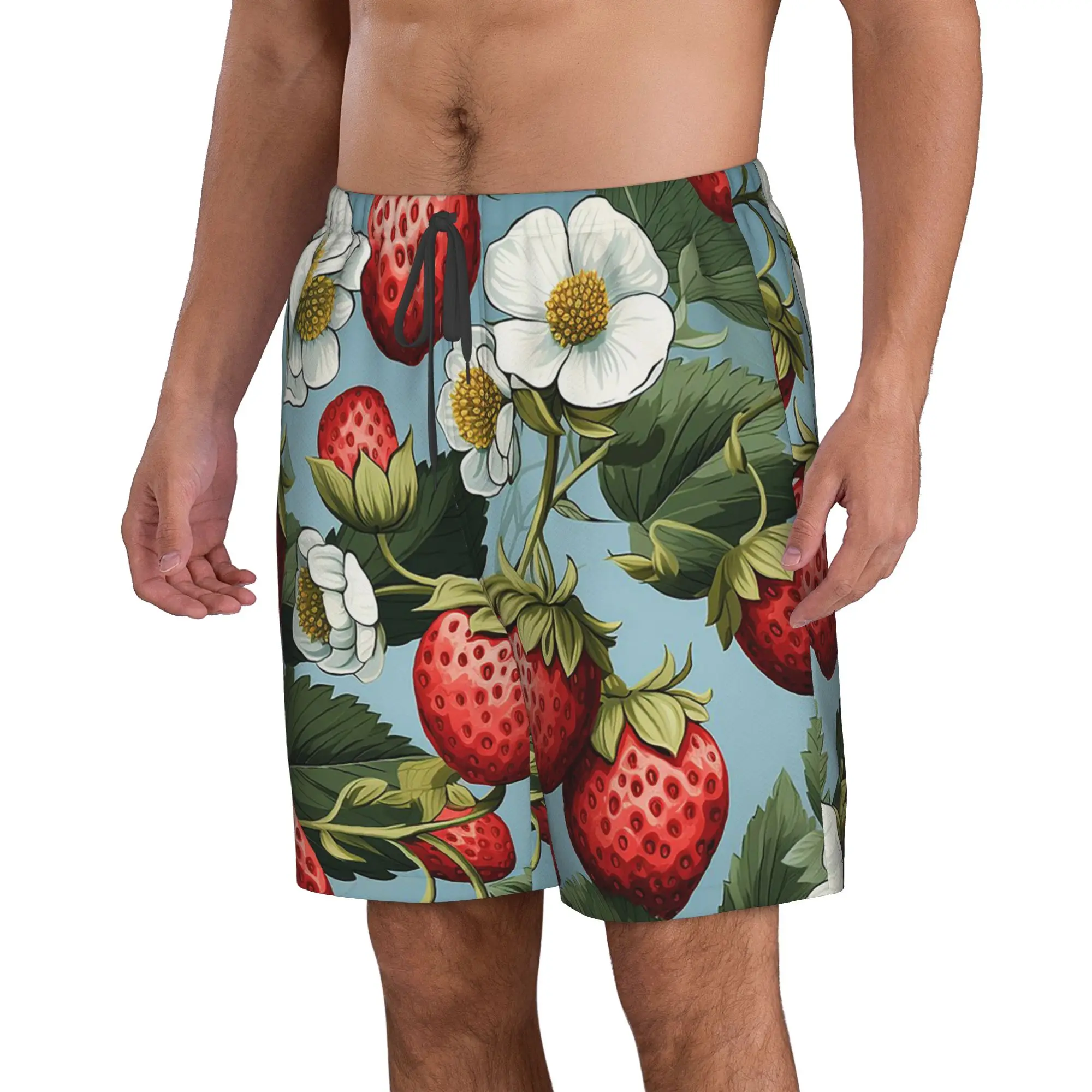 Vibrant Red Strawberry and White Floral Trunks Beach Board Shorts Casual Quick Dry Swim Summer Men Pants