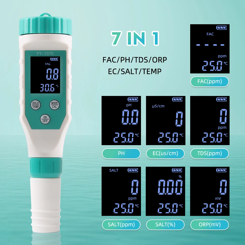 

Professional 7 in 1 Chlorine Tester ORP/EC/TDS/Salinity/Temp/FAC Digital PH Meter for Swimming Pool Aquarium Hydroponic Spa