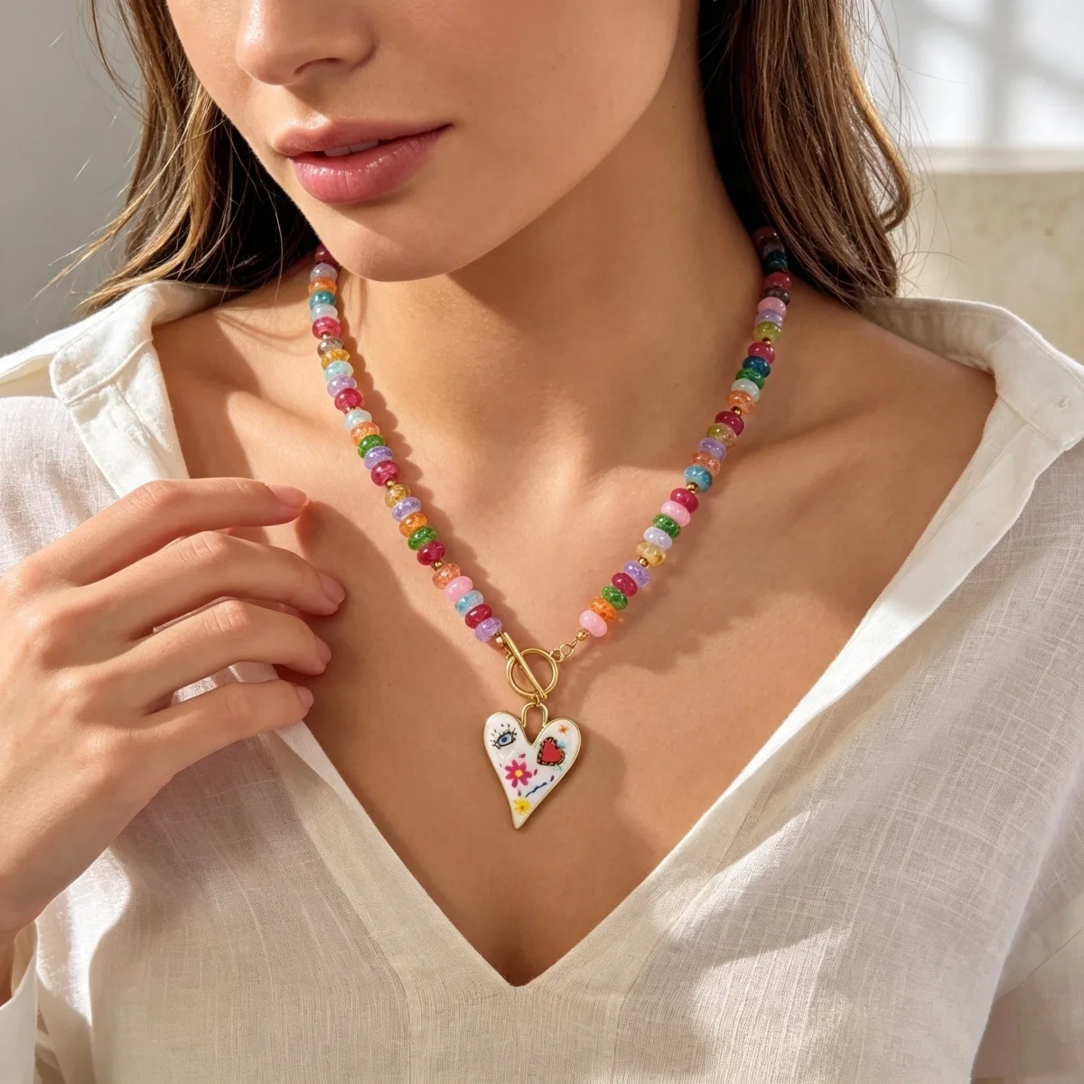 Dopamin Bunte Glas-Flachperlen Graffiti-Blumen-Herz-Anhänger Halskette für Frauen Männer Y2K Vintage OT-Schnallen-Choker Schmuck – Detail 10