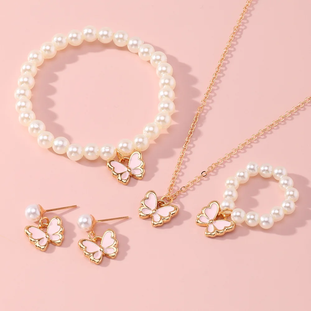 4 Set Butterfly Ring Pendant Necklace Bracelet Earrings Set for Women Girls Simulated Pearl Gold Jewelry Trendy Cute Sweet Gifts image 3
