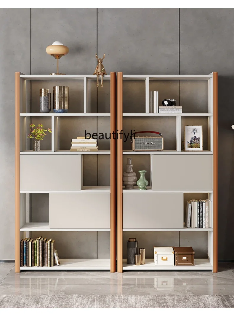 

Light Luxury Saddle Leather Bookcase Solid Wood Floor Wall Shelf Study Display Cabinet Bookshelf