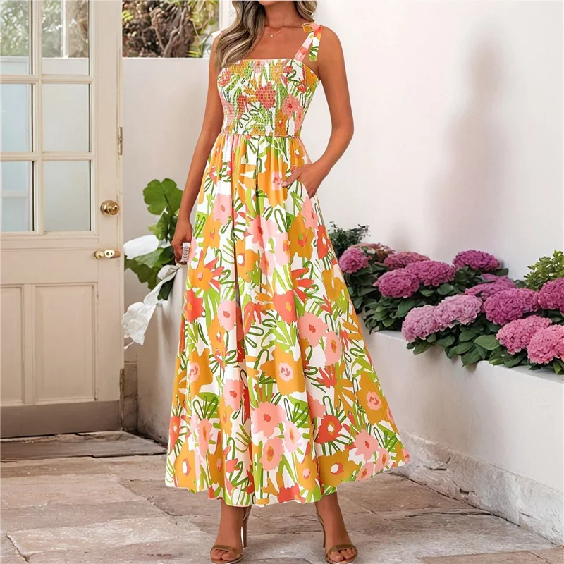 ABRT-robe longue smockée sans manches pour femmes, style Boho, bretelles Spaghetti, ligne A, robe de plage fluide, été