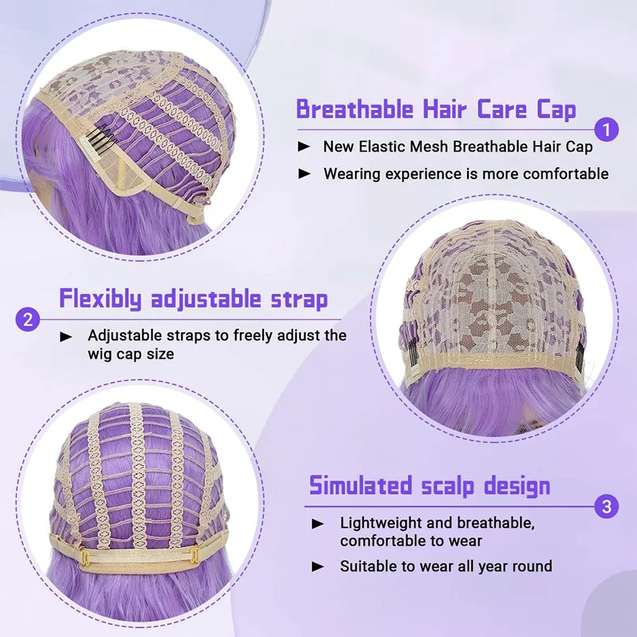 14 Inch Lavender Purple Wavy Bob Wig with Bangs
