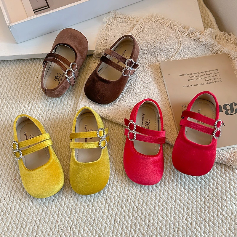 

Girls Velvet Mary Jane Flats Double Strap Rhinestone Buckle Round Toe Princess Style Casual Party Footwear Baby Girl Shoes 21-34