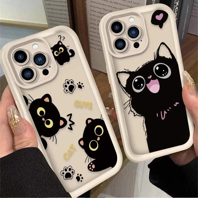 Lovely Black Cat love Heart Silicone Soft  Phone Case for iPhone 15 14 13 12 11 Pro Max XS X XR 8 7 6S 6 Plus SE 2020 Shockproof