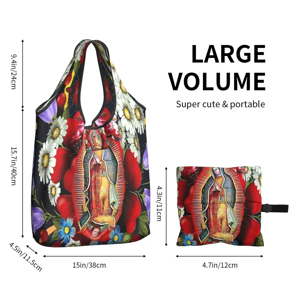 Bolso de compras de nuestra Señora de Guadalupe para mujer, bolsa de mano portátil, Virgen María mexicana, flores de México, Tilma, bolsas de compras de comestibles