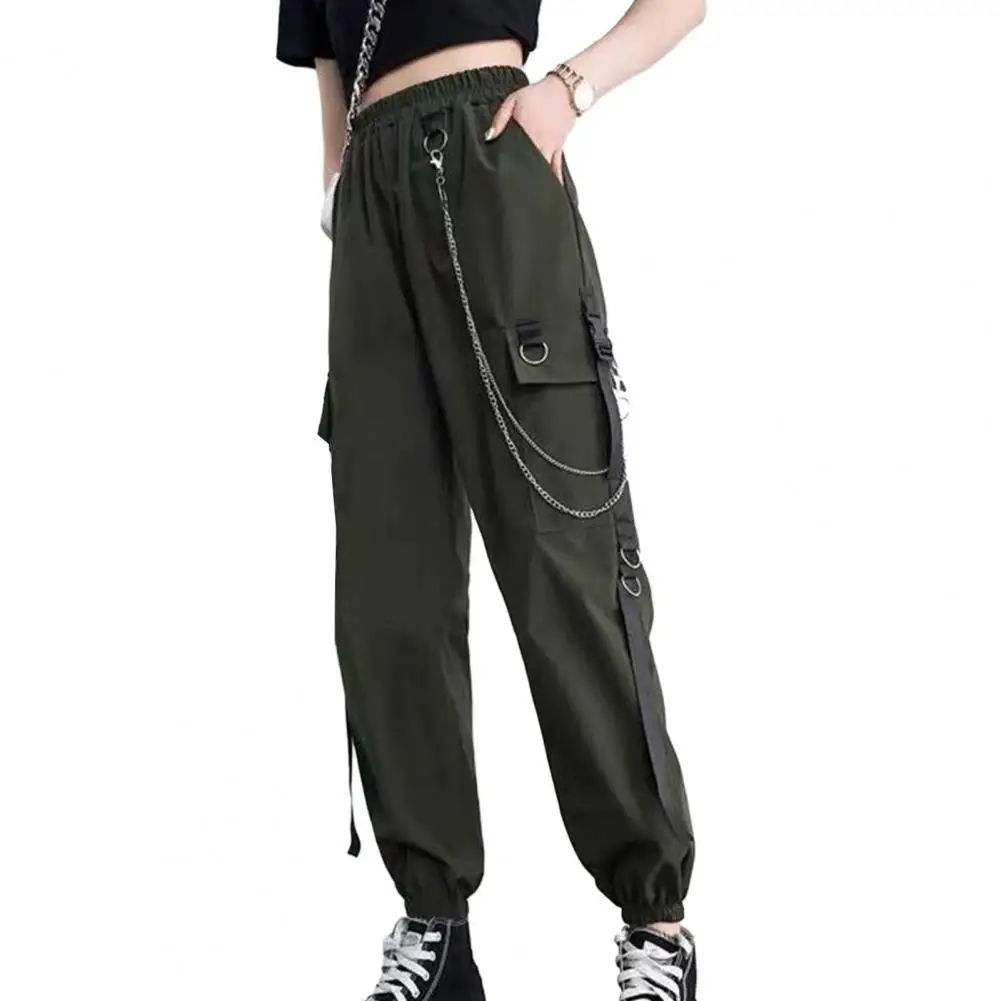 Pantaloni Cargo da donna pantaloni Cargo da donna alla moda decorazione a catena Multi tasche vita alta elastica confortevole Streetwear alla moda