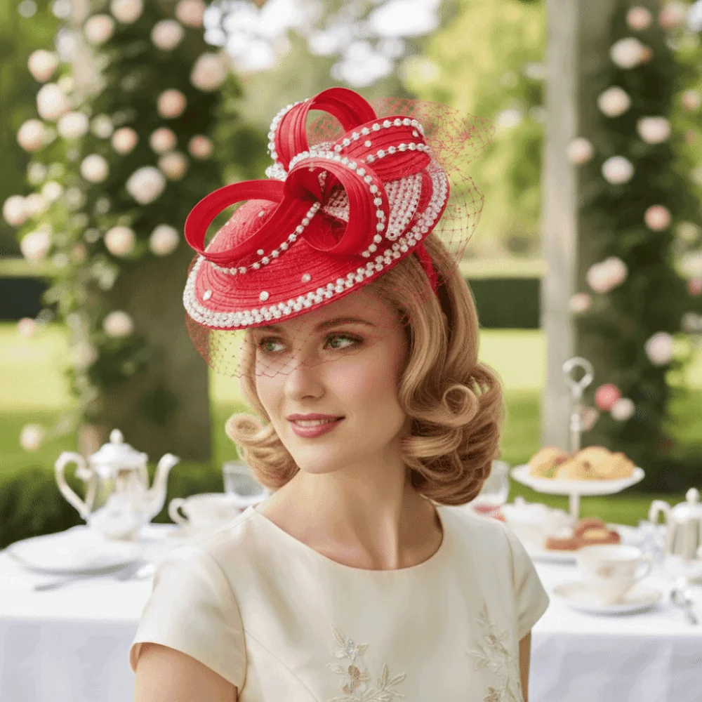 Rhinestone Studded Fascinator Hat Bowknot Design Satin Ribbon Birdcage Veil Headpiece Vibrant Color Detachable Derby Fascinator