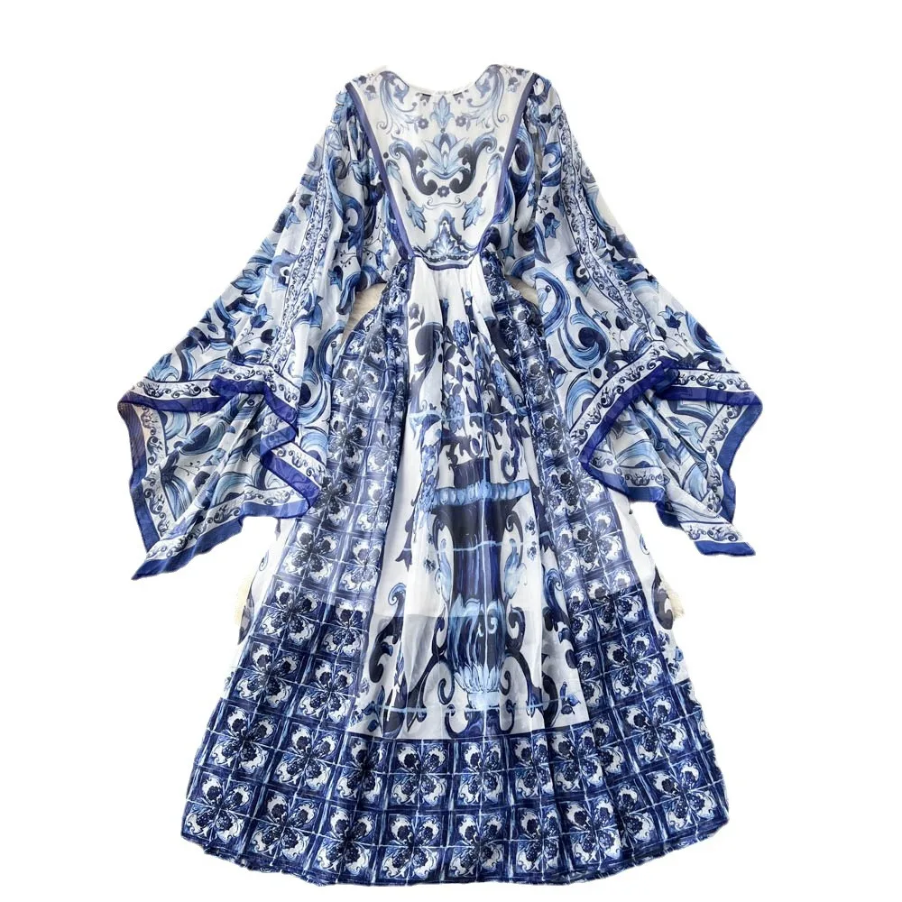 فساتين نسائية عتيقة على الطراز الأمريكي والأوروبي على الموضة الجديدة لعام 2025 بأكمام مضيئة من الشيفون المطبوع للعطلات ملابس نسائية