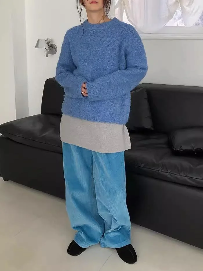 レトロなハイウエストワイドレッグコーデュロイパンツ、伸縮性のあるパーソナライズされたデザイン、韓国風スレ、冬のカジュアルパンツ、女性用