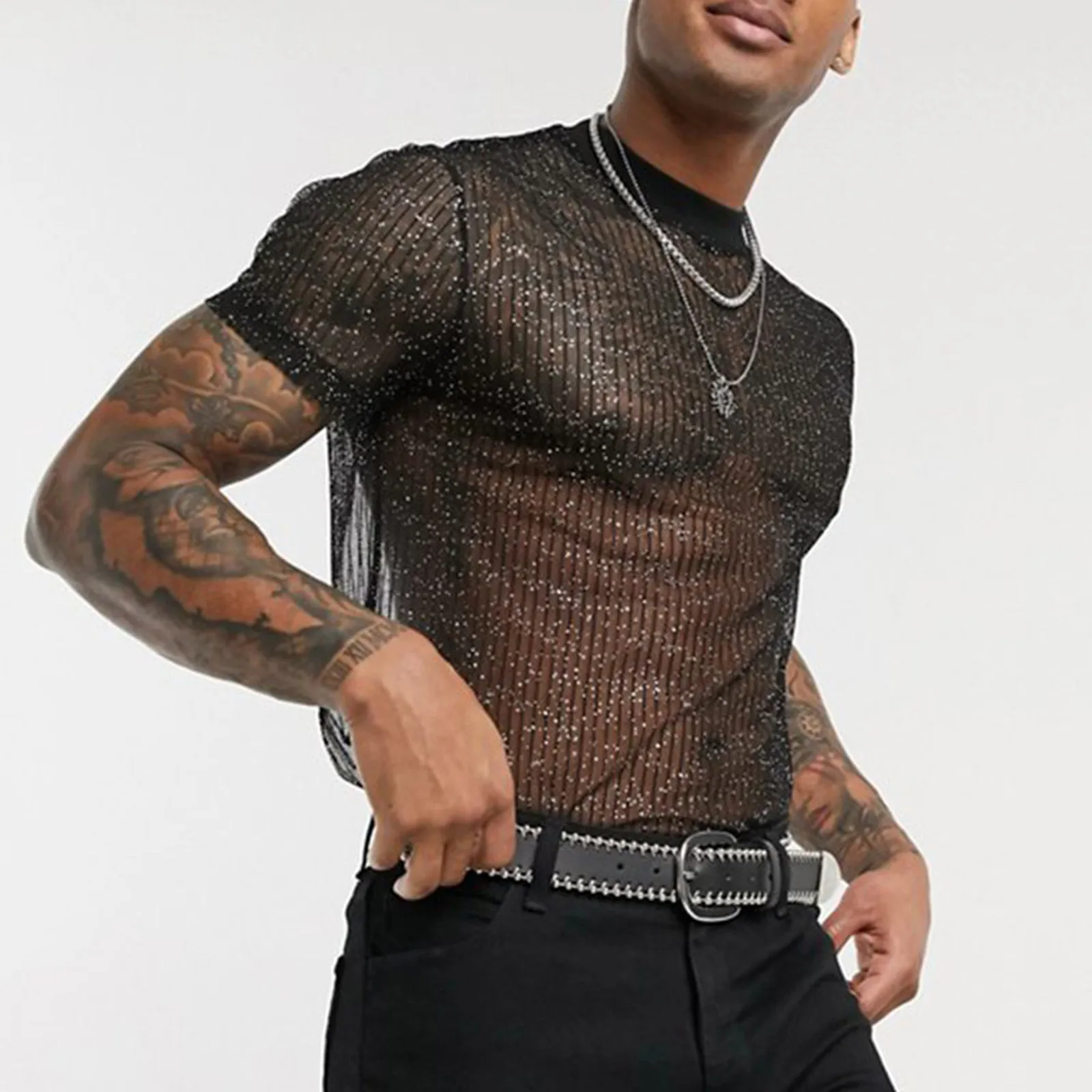 Male Summer Sequined Solid Color Sexy Party Mesh T Shirt Blouses Tight Fitting Round Neck Short Sleeved T Shirt Tops For Men