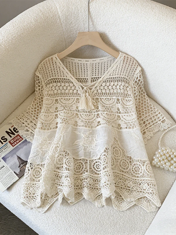 

Bohemian Style Lace Hollow Knitted Top Seven-Quarter Sleeve Sun Protection Outerwear Covering Shirt Korean Loose Fit Summer 2026