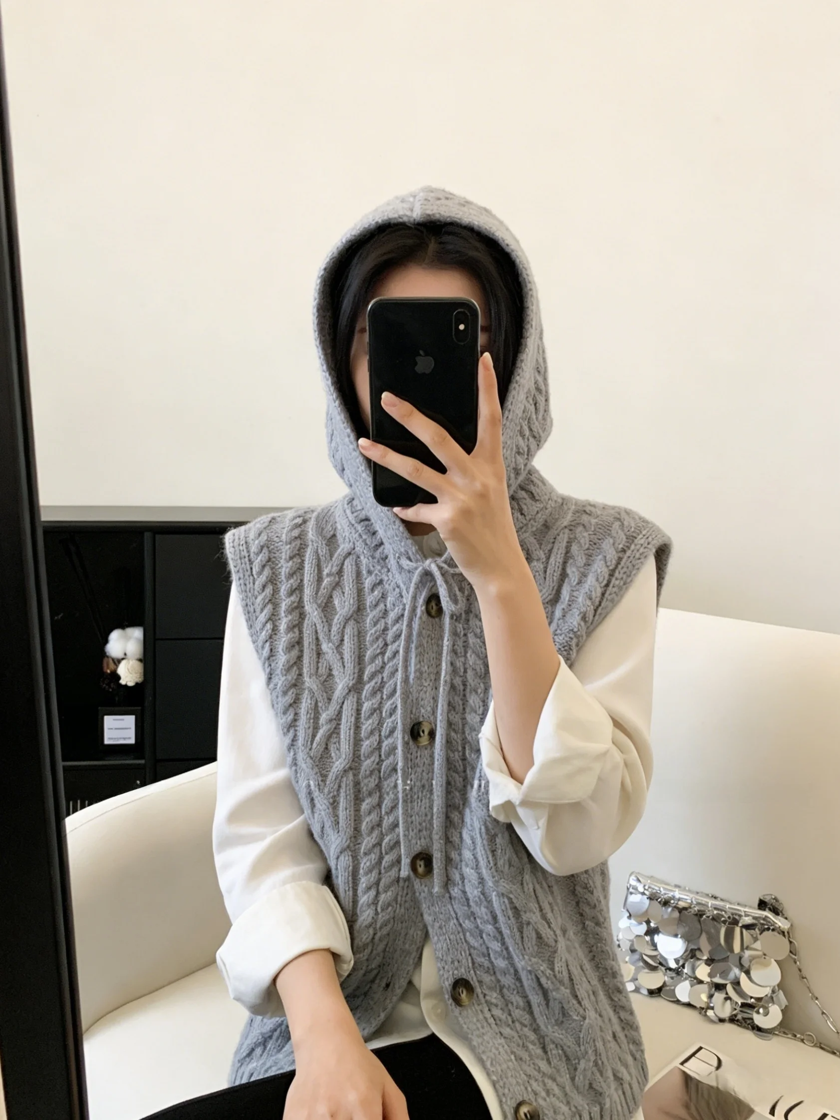 

Korean Sle Women's Knitted Hoodie Vest Soft Cozy Design Sensation Layering oulder Openwork Winter Faion Outerwear
