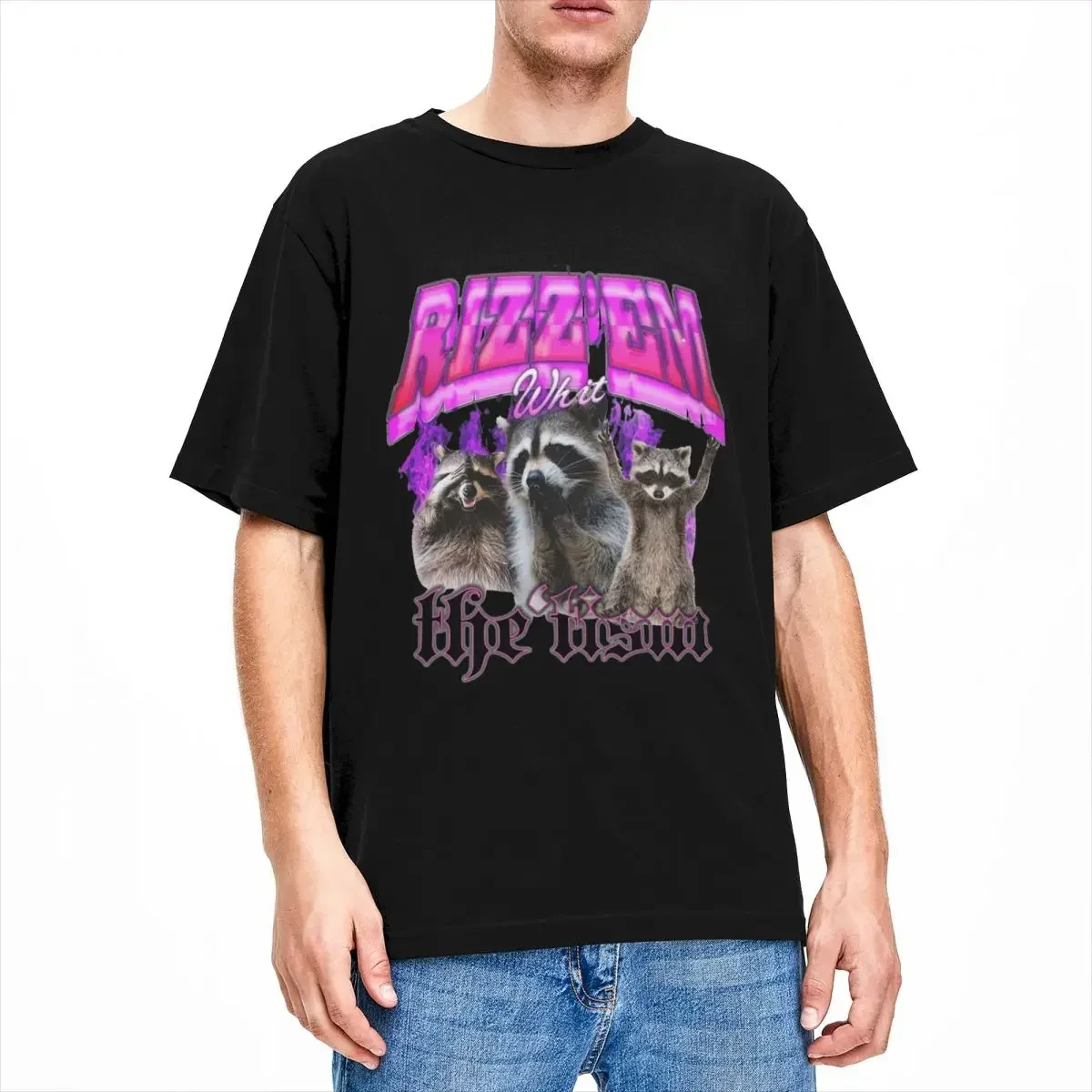 Rizz Em With The Tism T-Shirt Men Funny Raccoon Novelty Pure Cotton Tee Shirt Round Collar Short Sleeve T Shirts Printing Tops