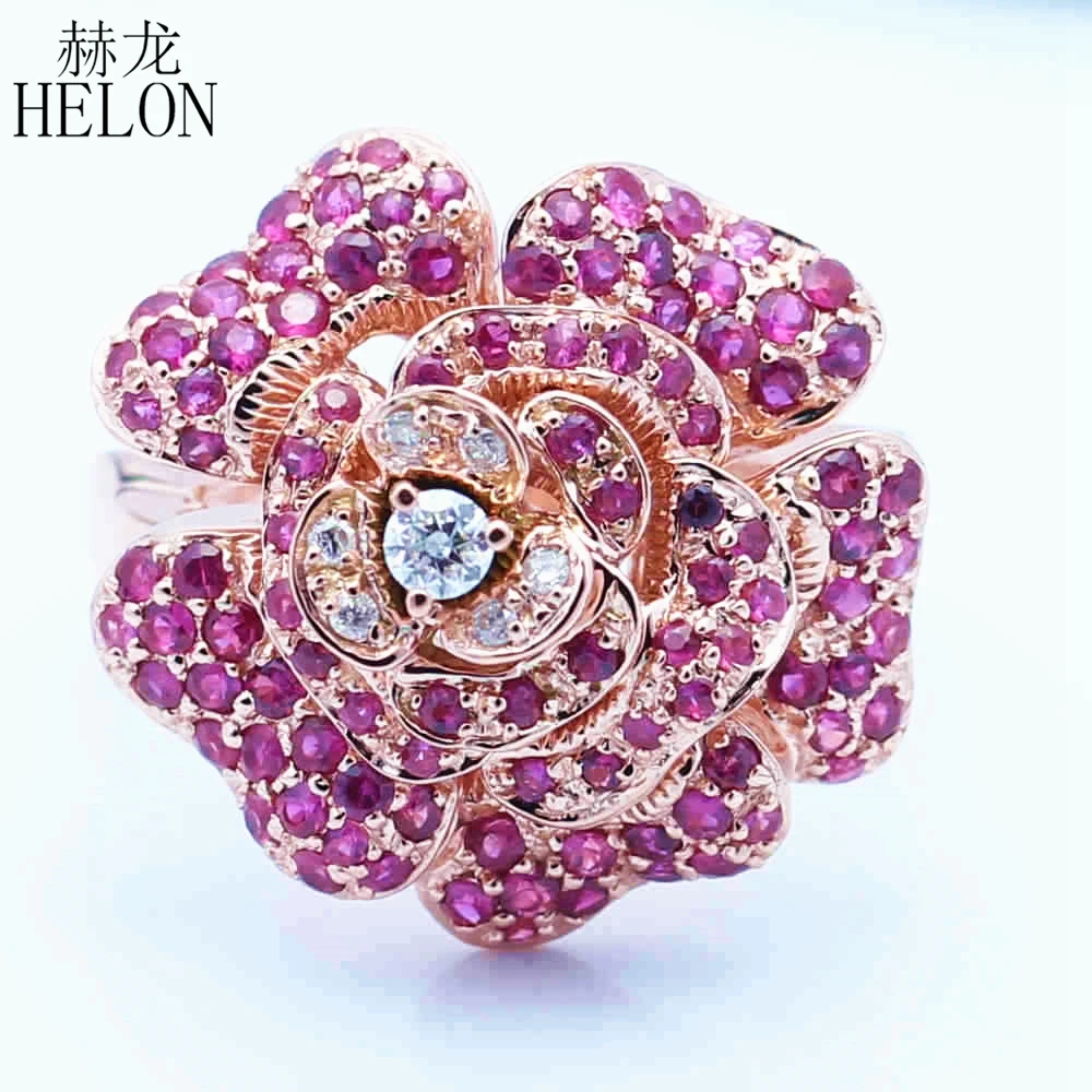 

HELON Solid 14k Rose Gold 1.4ct Natural Diamonds Ruby Engagement Wedding Ring For Women Gemstone Flowers Fine Jewelry Gift