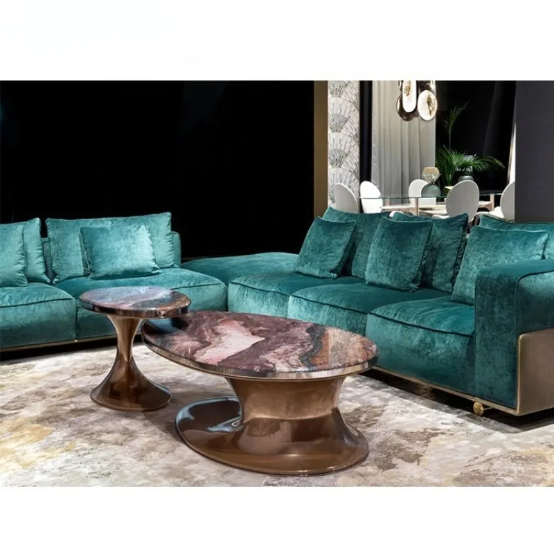 Furniture Luxury Style Living Room Stainless Steel Legs Marble Top Oval Combination Coffee Table