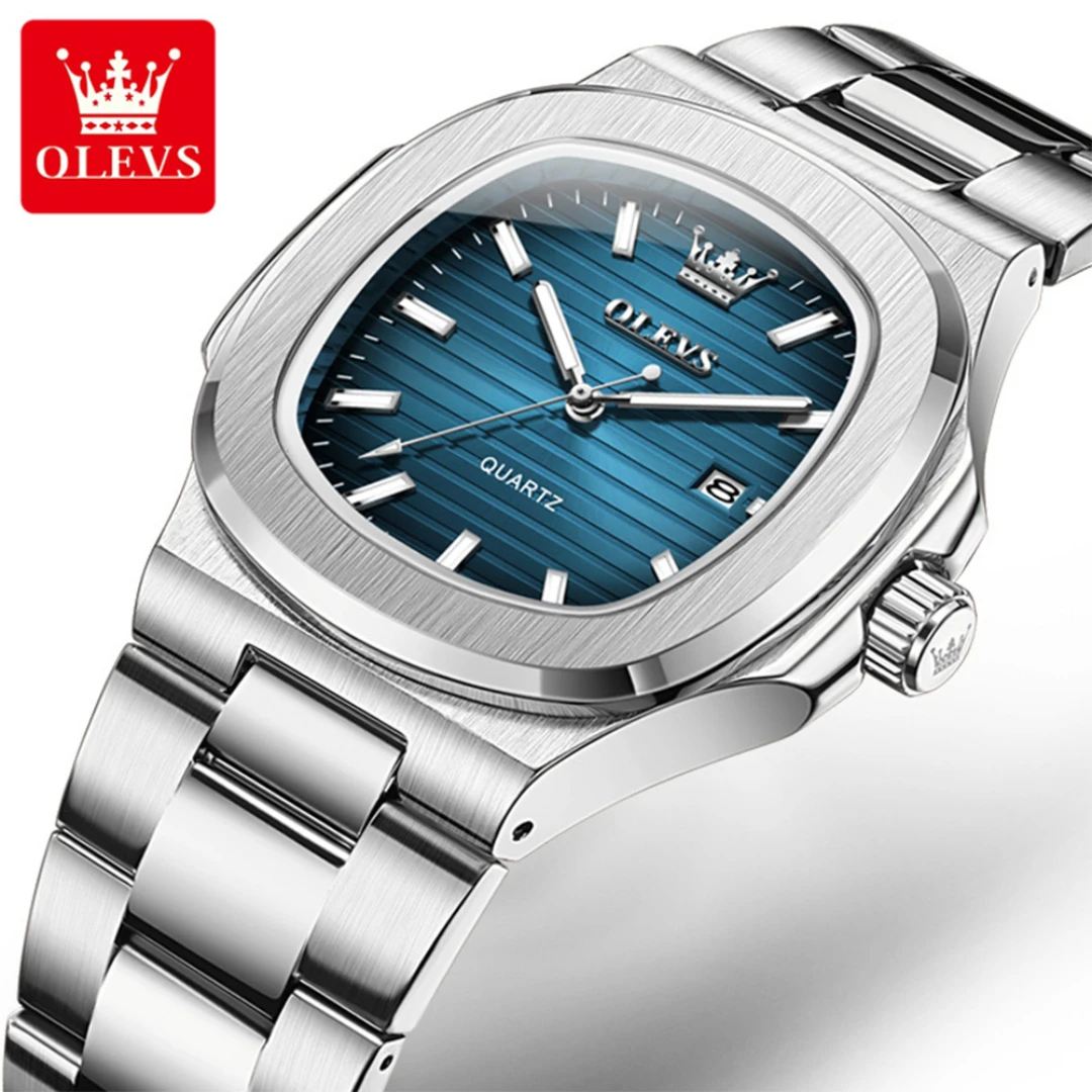 

OLEVS 3696, кварцевые модные часы, подарок, квадратный циферблат, ремешок для часов из нержавеющей стали, наручные часы с календарем, светящийся