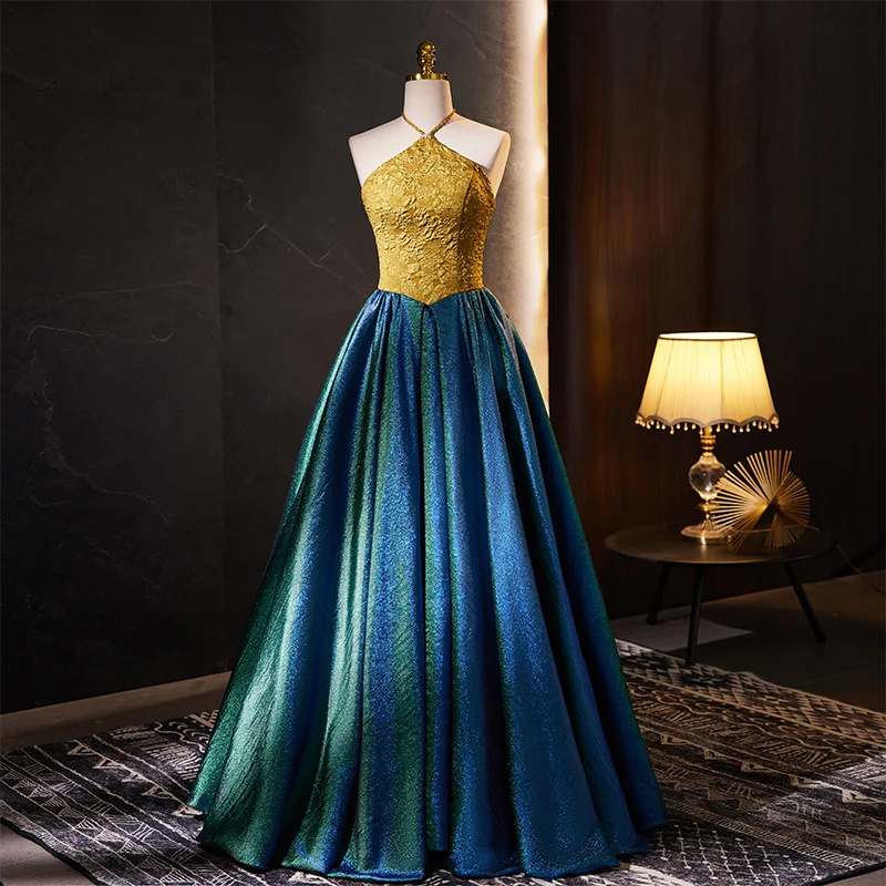 

Evening Dress Gold Sleeveless Pleat Floor-Length Lace Up Sequins Satin Halter Luxurious A-Line Party Formal Dresses Woman B2708