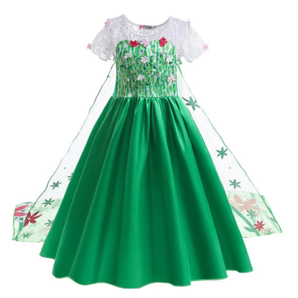 Elsa Green Dress for Kids Girl Princess Costume Dresses Children Long Cloak  Floral Lace Ball Gown Summer - AliExpress 1501