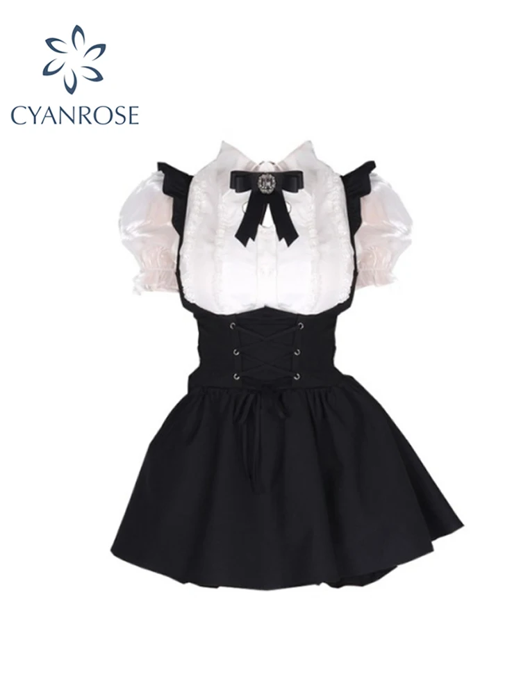 

Women Summer Kawaii Two Piece Set Suit Short Sleeve Shirt Blouse Black Gothic A-Line Mini Skirt Y2k Vintage Streetwear Clothing