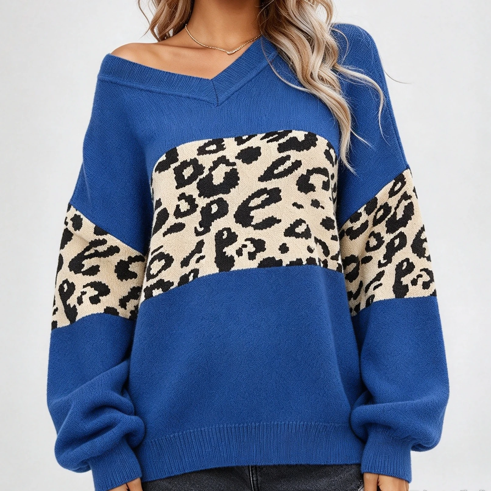 Women Oversized V‑Neck Knit Sweater Leopard Print Color Block Long Sleeve Pullover Fall Winter Casual Streetwear Jumpers