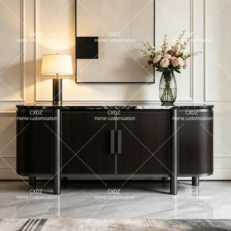 Light Luxury Marble Dining Side Cabinet Modern Living Room Wall Storage Unit Black Walnut Porch Console for Villa Home Decor