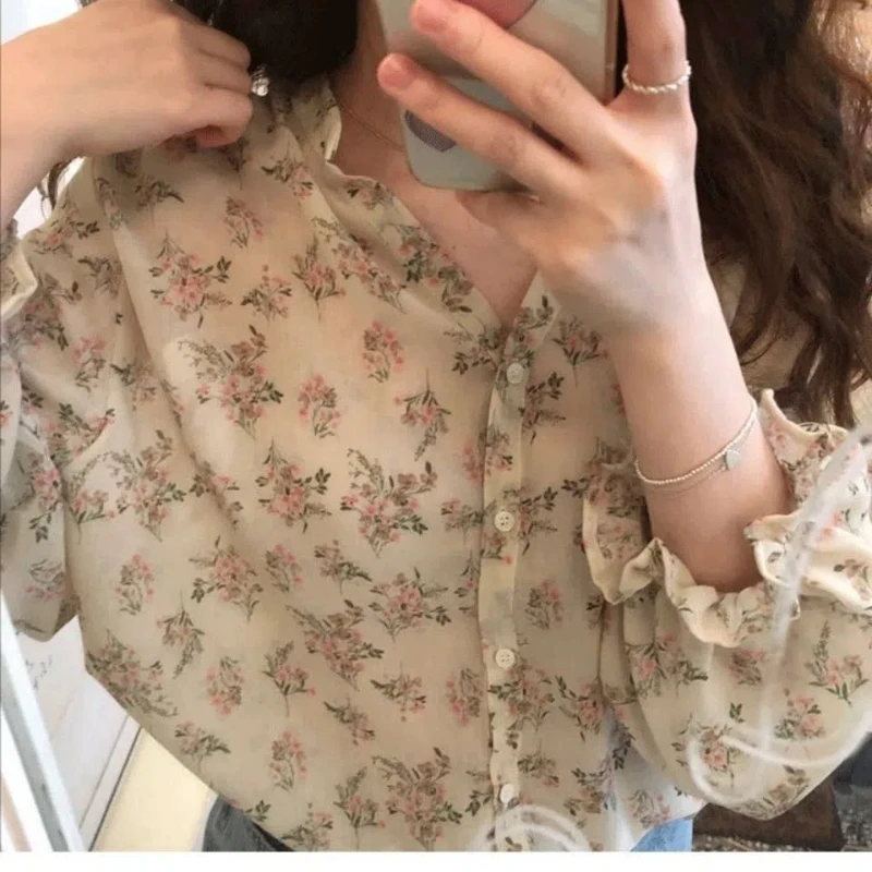 단순 꽃 얇은 우아한 블라우스 여름 새로운 긴 소매 인쇄 느슨한 기질 셔츠 탑 캐주얼 한국 여성 의류
