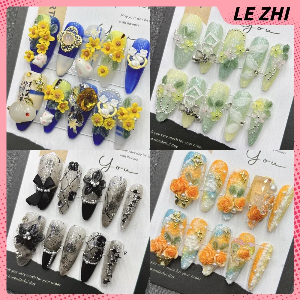 

Handmade Press On Nails Party Sticker Vintage French Romantic Flowers 3D Hand Drawn Stiletto Oil Painting Style Nail Sticker
