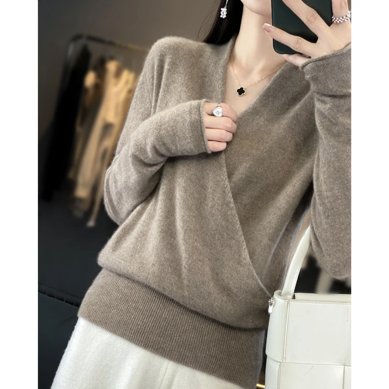 Suéter de lana merina para mujer, Jersey de manga larga con cuello en V, Tops de punto a la moda, gran oferta, otoño e invierno, 100%